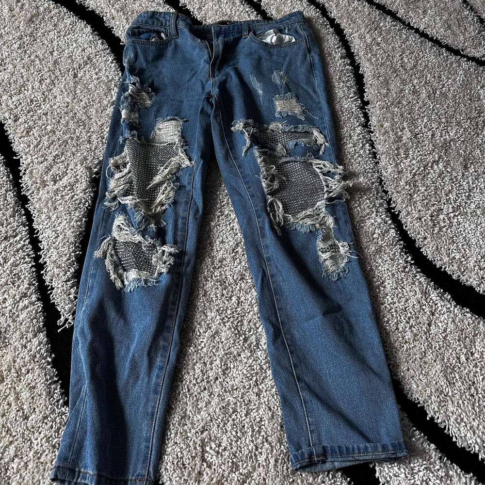 Distressed Blue Jeans with Mesh Accents